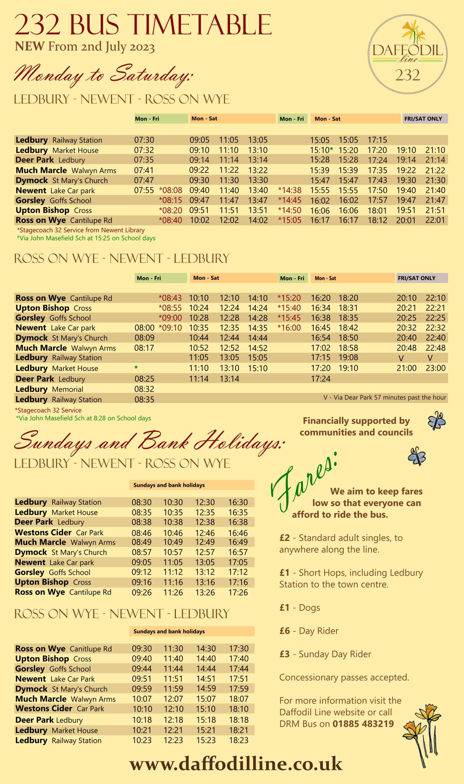 232 Daffodil Line Bus Timetable Ledbury - Newent - Ross-on-Wye. Buses every 2 hours 7  days a week. 
